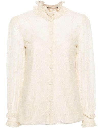 Gucci Frilled Monogram Lace Blouse - Natural