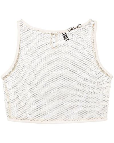 Karl Lagerfeld Sequined Mesh Crop Top - White