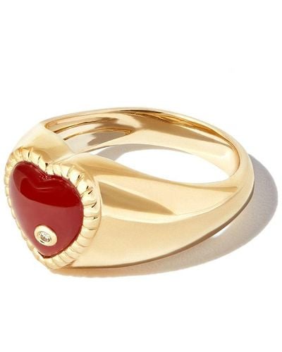 Yvonne Léon 9kt Yellow Gold Agate Diamond Heart Signet Ring - Pink