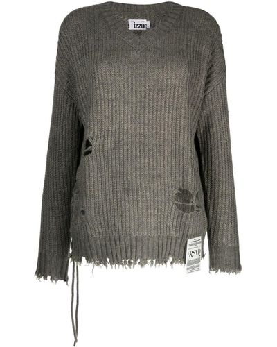 Izzue Distressed-effect V-neck Sweater - Grey