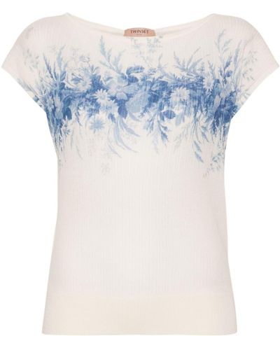 Twin Set Floral-print Ribbed Top - Blue