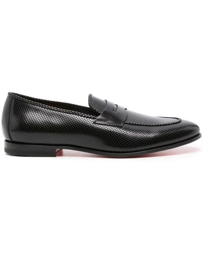 Santoni Perforated Leather Penny Loafers - Black