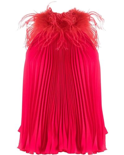 Styland Feather-trim Pleated Sleeveless Blouse - Red