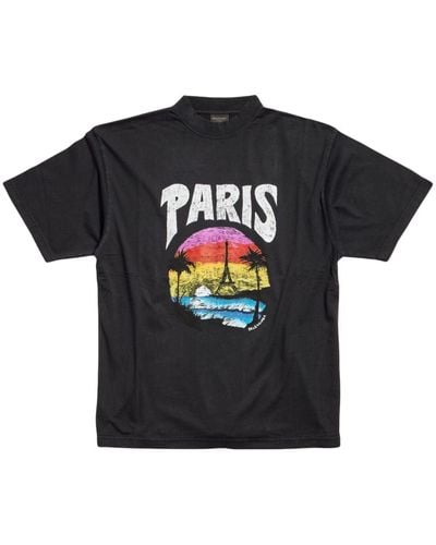 Balenciaga Paris Tropical-print Cotton T-shirt - Black