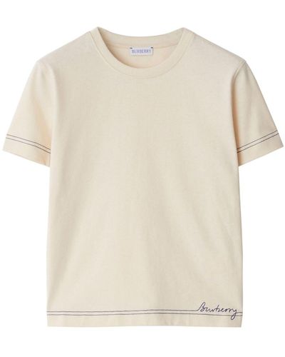 Burberry Logo-embroidered Cotton T-shirt - Natural