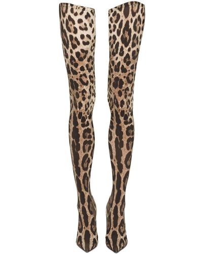 Dolce & Gabbana Leopard Print Thigh-high Stiletto Boots - Women's - Goat Skin/elastane/nylonnylonnylon - Metallic