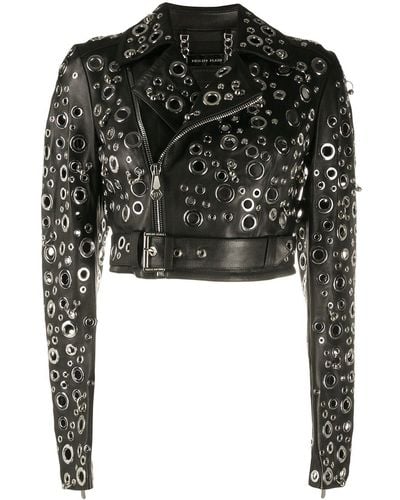 Philipp Plein Eyelet Embellished Leather Jacket - Black