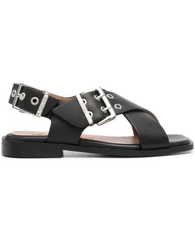 Ganni Crossover-strap bucked sandals - Negro