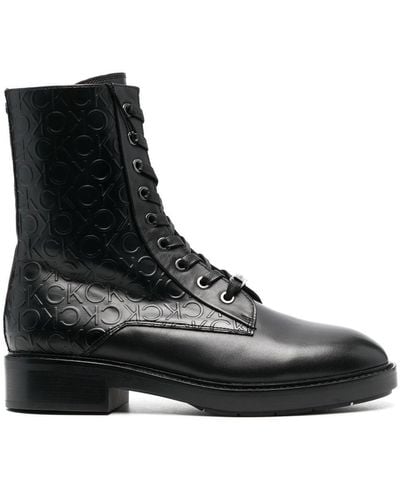 Calvin Klein Debossed-monogram Combat Boots - Black