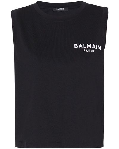 Balmain Haut crop en coton à logo floqué - Noir