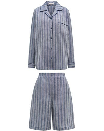 12 STOREEZ Striped Linen Pyjama Set - Blue