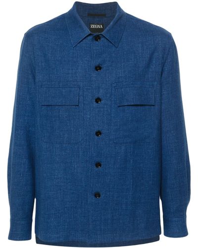 ZEGNA Tonal-stitching Cashmere-linen Shirt - Blue