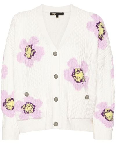 Maje Floral-intarsia Cable-knit Cardigan - White