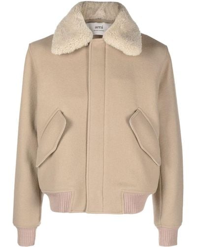 Ami Paris Shearling-collar Virgin Wool Jacket - Natural