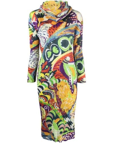 Pleats Please Issey Miyake Midi-jurk Met Abstracte Print - Wit