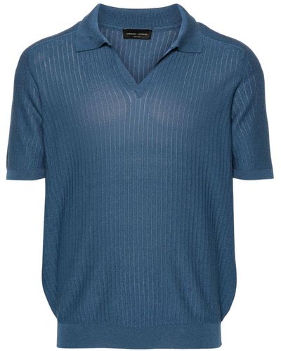 Roberto Collina Geribbeld Poloshirt Met Split - Blauw