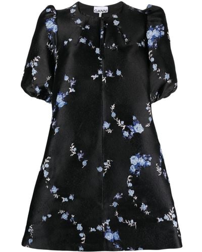 Ganni Floral-jacquard Minidress - Black