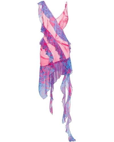 Versace Denim-print Ruffle-detail Dress - Pink