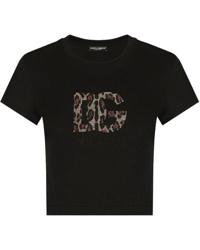 Dolce & Gabbana Rhinestone Logo Cotton T Shirt - Black