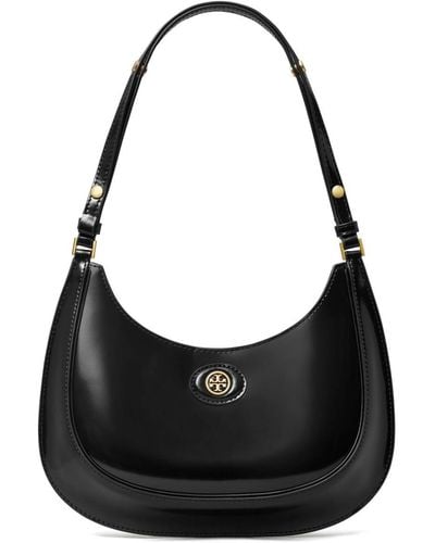 Tory Burch Robinson Crescent Bag In Brushed Leather - Black