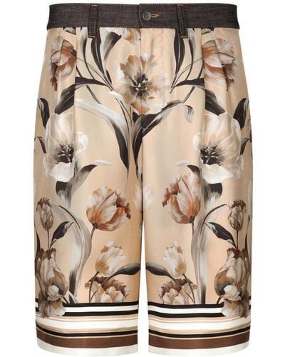 Dolce & Gabbana Floral-print Panelled Denim Shorts - Natural