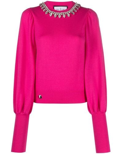 Philipp Plein Crystal-embellished Wool Knitted Sweater - Pink