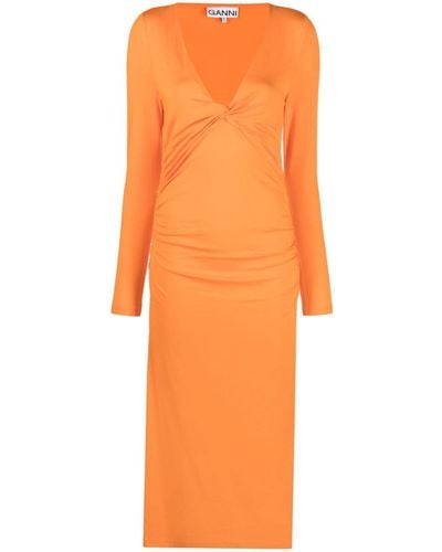 Ganni Langärmeliges Kleid mit V-Ausschnitt - Orange