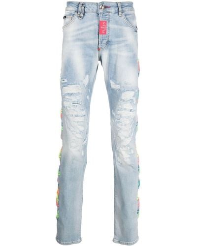 Philipp Plein Skull-detail Distressed Jeans - Blue