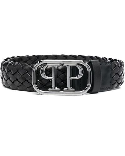 Philipp Plein Logo Buckle Braided Belt - Black