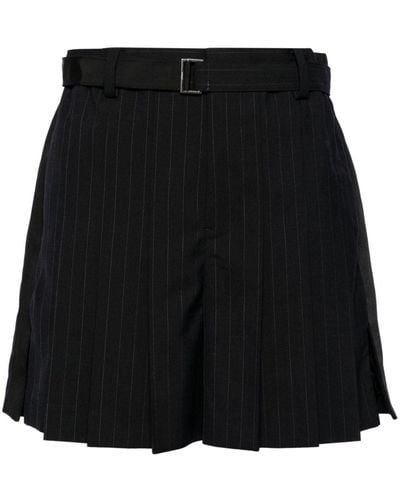 Sacai Belt-waist Pleated Pinstripe Shorts - Black