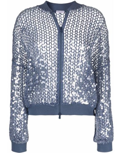 Brunello Cucinelli Cardigan zippé à sequins brodés - Bleu