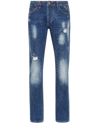Philipp Plein Halbhohe Lion Circus Slim-Fit-Jeans - Blau
