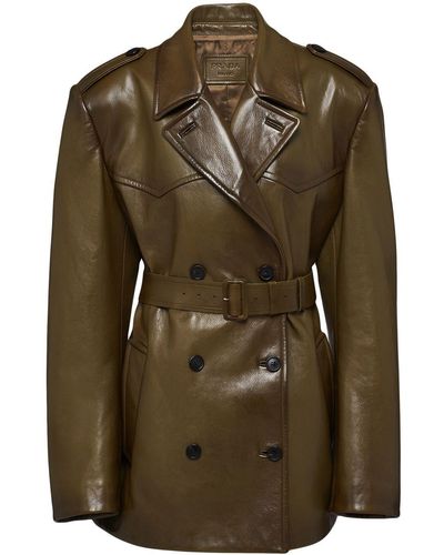 Prada Double-breasted Leather Coat - Green