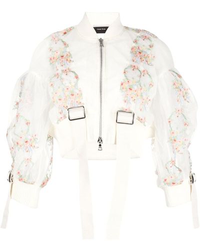 Simone Rocha Floral-embroidered Semi-sheer Bomber Jacket - Natural