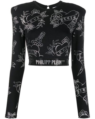 Philipp Plein Crystal-embellished Long-sleeved Top - Black