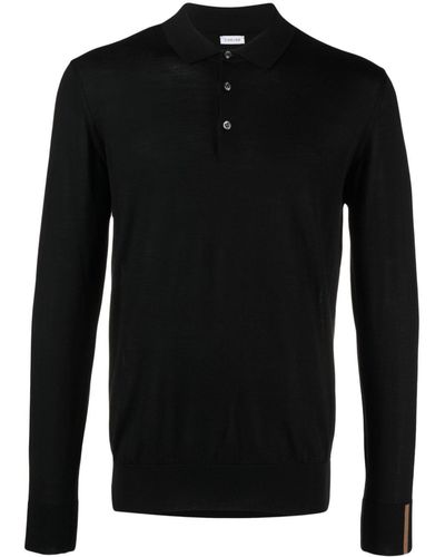 Caruso Long-sleeve Fine-knit Polo Shirt - Black