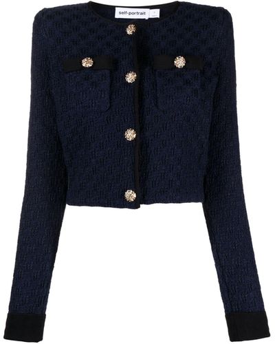 Self-Portrait Cropped Bouclé Cardigan - Blue