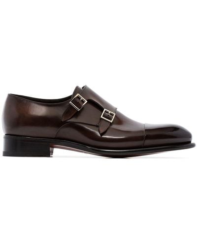 Santoni Double Strap Leather Monk Shoes - Brown