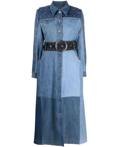 Marine Serre Belted Panelled Denim Coat - Blue