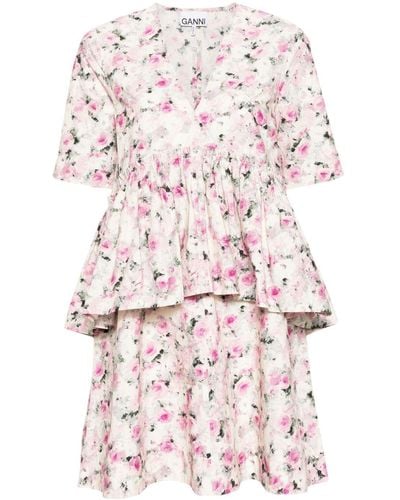 Ganni Floral-print Ruffled Dress - Pink