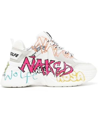 Naked Wolfe Sneakers Track con stampa graffiti - Bianco