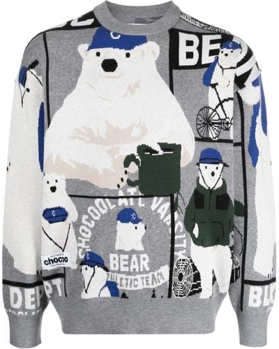Chocoolate Bear-intarsia Crew-neck Sweater - Blue