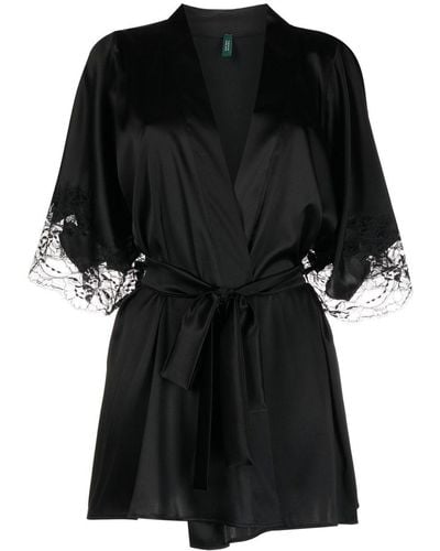 Fleur Of England Lace-trim Silk Robe - Black