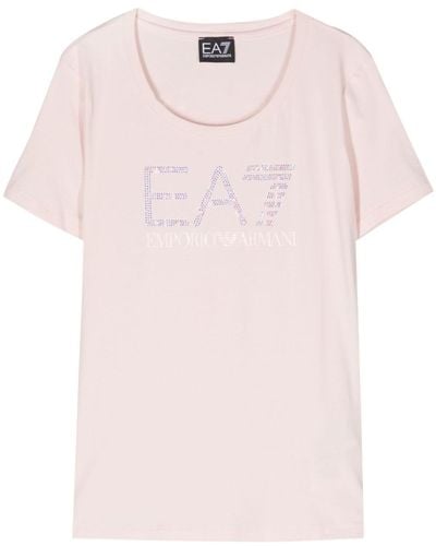 EA7 ラインストーンロゴ Tシャツ - ピンク