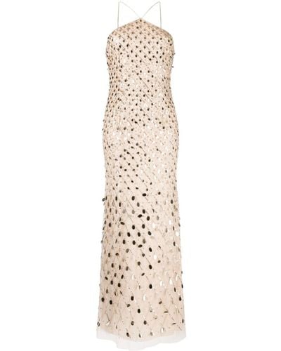 Aidan Mattox Paillette-embellished Beaded Halterneck Dress - Natural