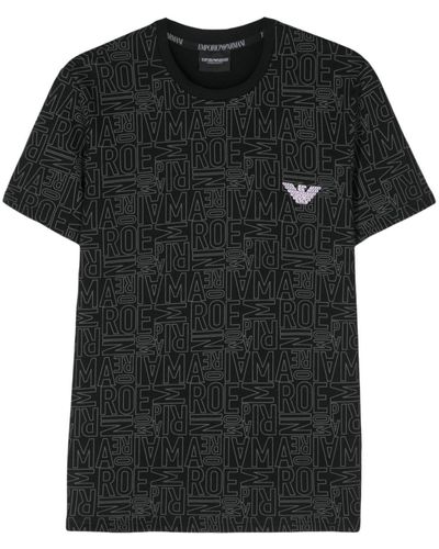 Emporio Armani Loungewear T-shirt Mit Allover-logo-schriftzug - Schwarz
