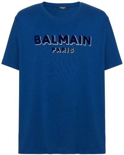 Balmain T-shirt en coton biologique à logo floqué - Bleu
