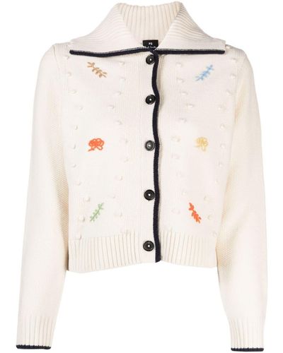 PS by Paul Smith Motif-embroidered Ribbed-knit Cardigan - Natural