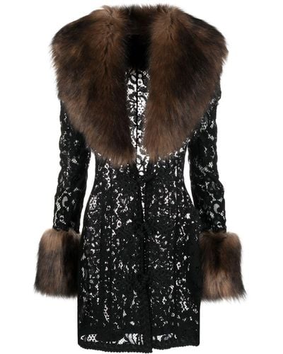 Alessandra Rich Faux-fur Trim Lace Coat - Black