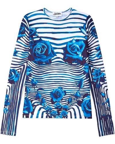 Jean Paul Gaultier Camiseta a rayas con estampado floral - Azul